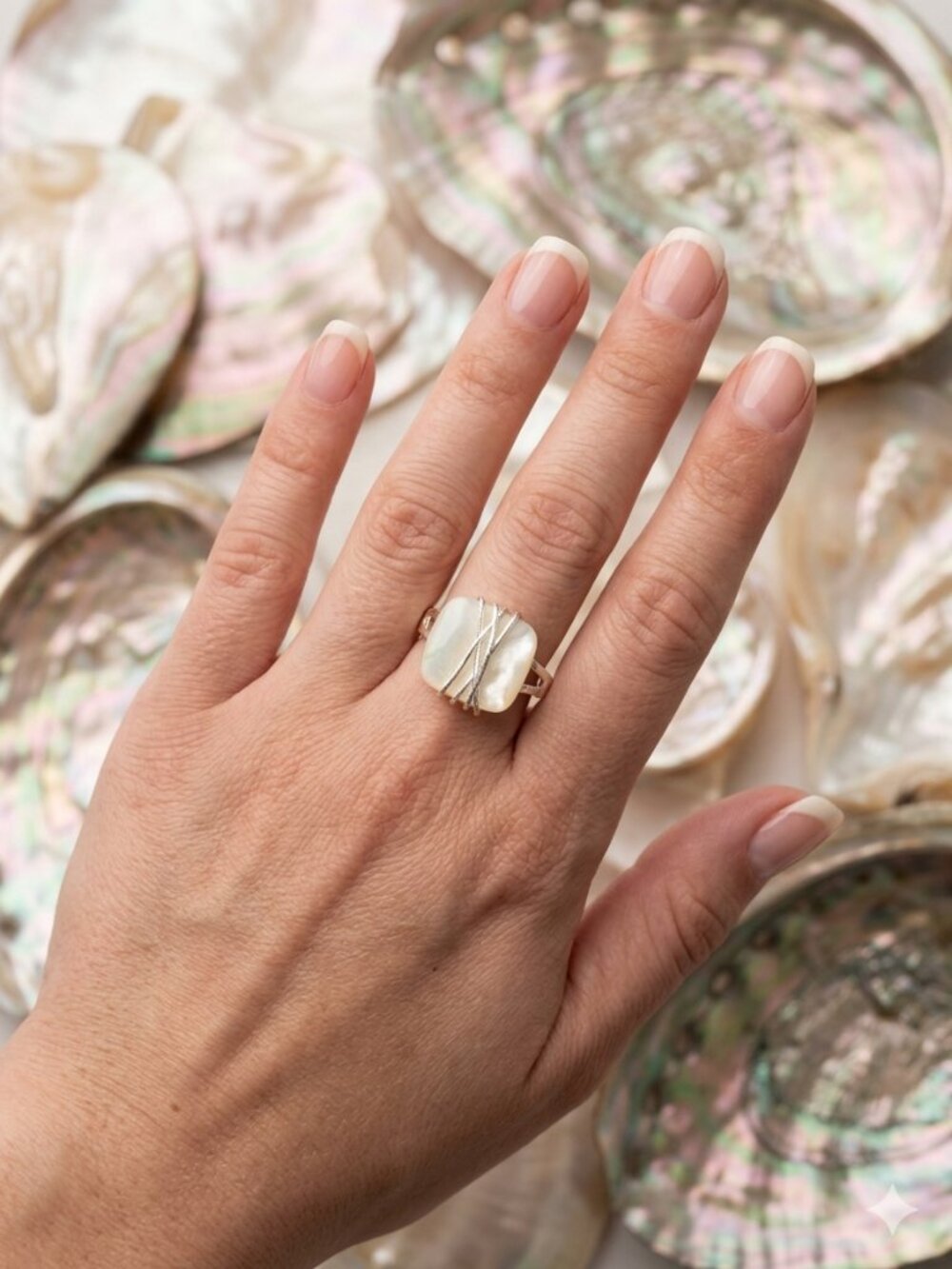 Statement Mother of Pearl Ring Gold Plated Wire Wrapped Cushion Cut Ring Size 8